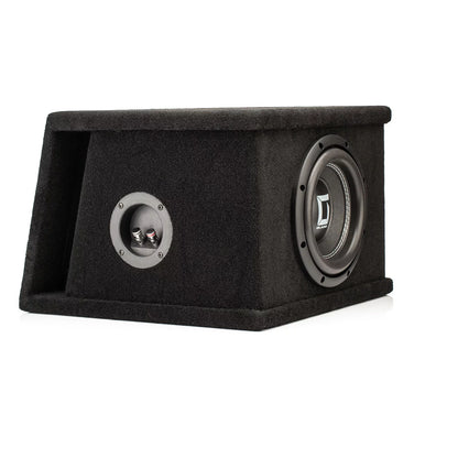 The Gladen Sigma SSW08-VB, an 800W black subwoofer with Spulenhalter Aluminium in a carpeted box, is displayed at an angle against a white background.