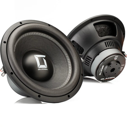 Due subwoofer Gladen Sigma SSW12 — vista frontale e posteriore — caratterizzati da dettagli metallici e dal logo del marchio, ideali per riprodurre i bassi profondi dellimpianto audio dellauto.