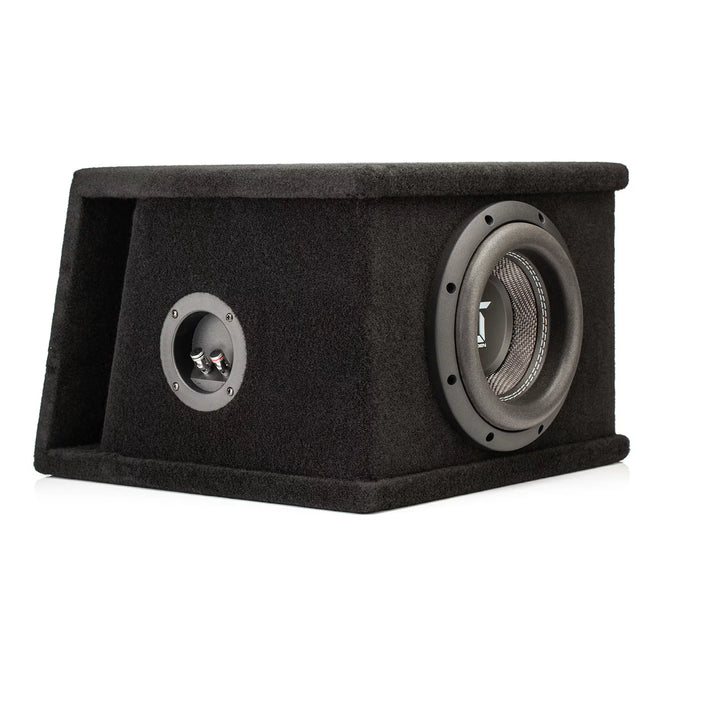 The Gladen Sigma SSWX08VB is a black, carpeted enclosure with angled design, 8 Zoll subwoofer, and side port.
