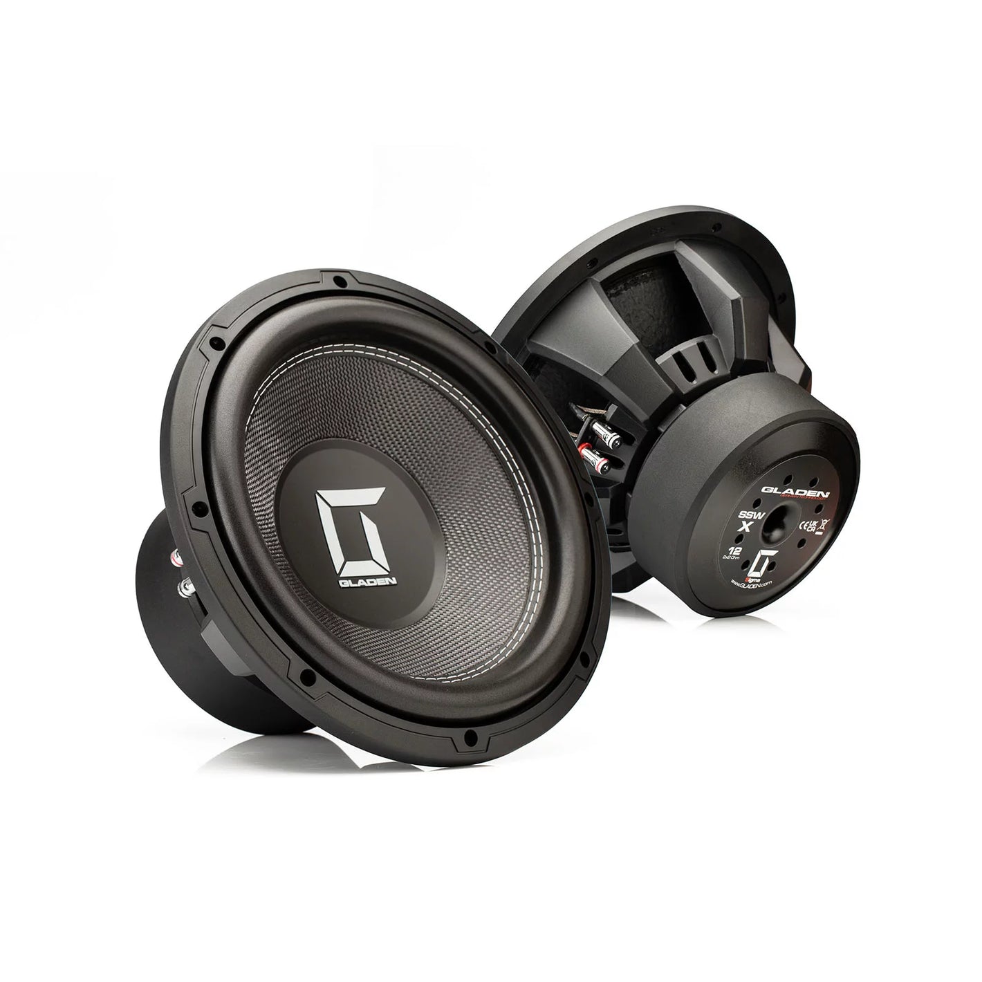 Due subwoofer Gladen Sigma SSWx12 da 12 pollici ad alte prestazioni con membrane testurizzate e logo del marchio, raffigurati su sfondo bianco.