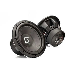 Deux subwoofers haute performance Gladen Sigma SSWx12 de 12 pouces, dotés de membranes texturées et arborant le logo de la marque, photographiés sur fond blanc.