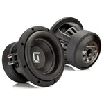Due subwoofer Gladen Sigma SSWX08 neri presentano i coni e il cablaggio a vista; uno mostra il logo, laltro il pannello posteriore e i connettori.