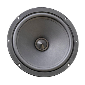 Een close-up van de Ai-Sonic S1-MB Sprinter-luidspreker, rond met een conus in het midden en vier bevestigingsgaten, tegen een witte achtergrond.