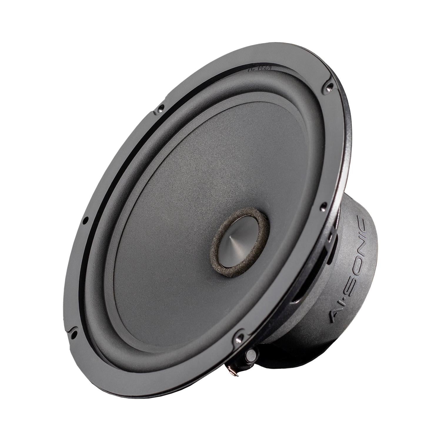 Une enceinte Ai-Sonic S1-MB Sprinter noire et ronde, avec une membrane et un cadre visibles, photographiée en biais sur un fond blanc.