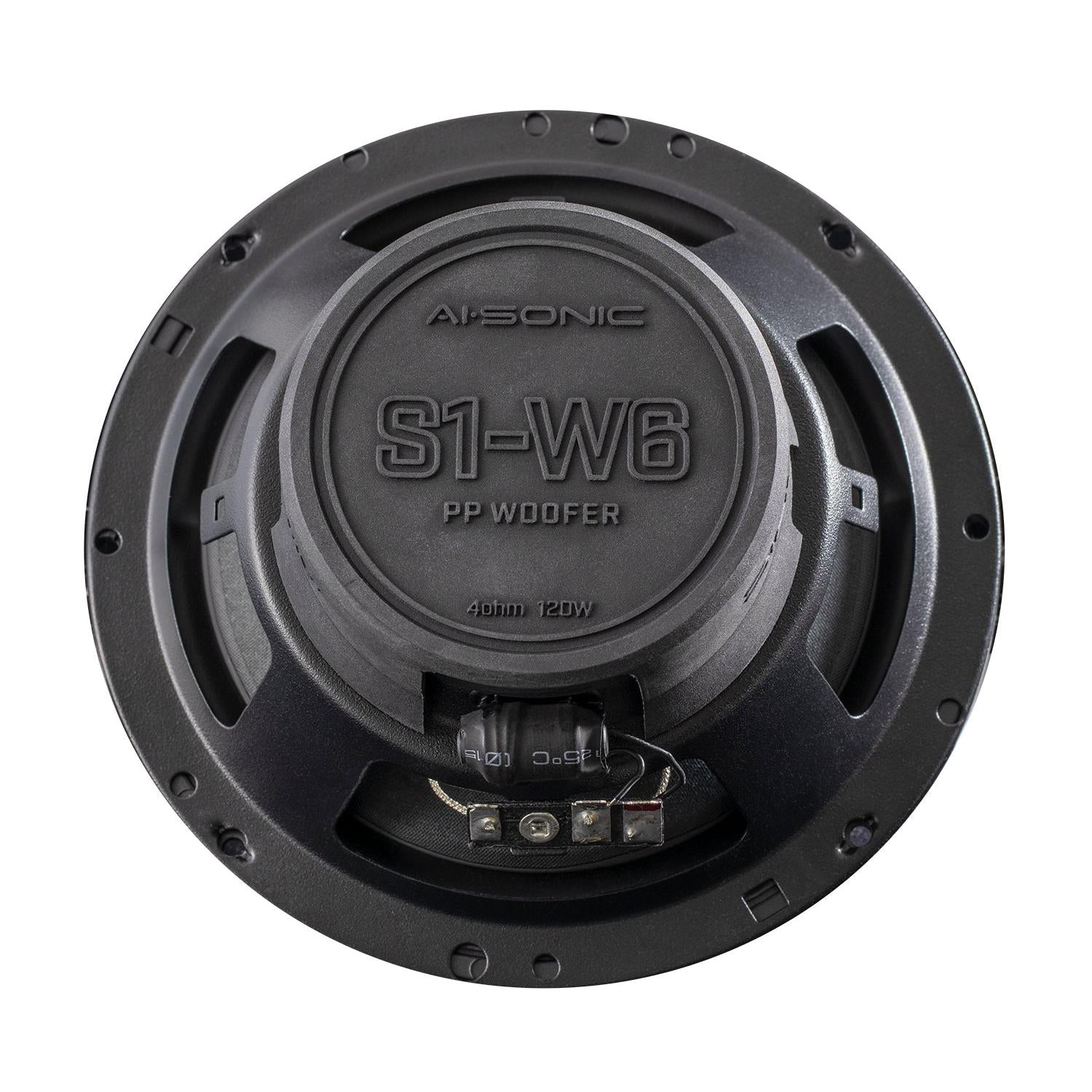 Un haut-parleur de graves Ai-Sonic S1-MB noir pour Mercedes Sprinter, vue arrière avec les caractéristiques techniques : 4 ohms/120 W – idéal pour une mise à niveau « plug-and-play » des haut-parleurs dorigine du Mercedes Sprinter.