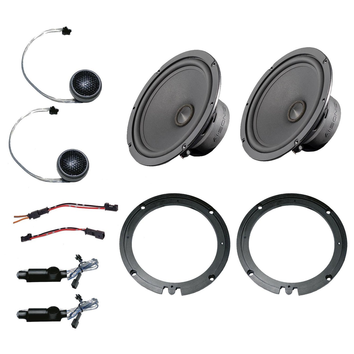 Le kit Ai-Sonic S1-MB Sprinter pour Mercedes Sprinter comprend 2 haut-parleurs, 2 tweeters, des connecteurs de câblage et des supports de fixation.