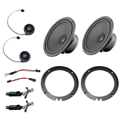Le kit Ai-Sonic S1-MB Sprinter pour Mercedes Sprinter comprend 2 haut-parleurs, 2 tweeters, des connecteurs de câblage et des supports de fixation.