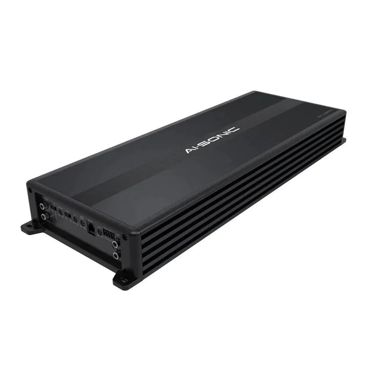 LAi-Sonic S2-A2200.1 è un Verstärker D-Klasse 1-Kanal rettangolare nero da 2200W RMS con porte di ingresso/uscita visibili su unestremità.