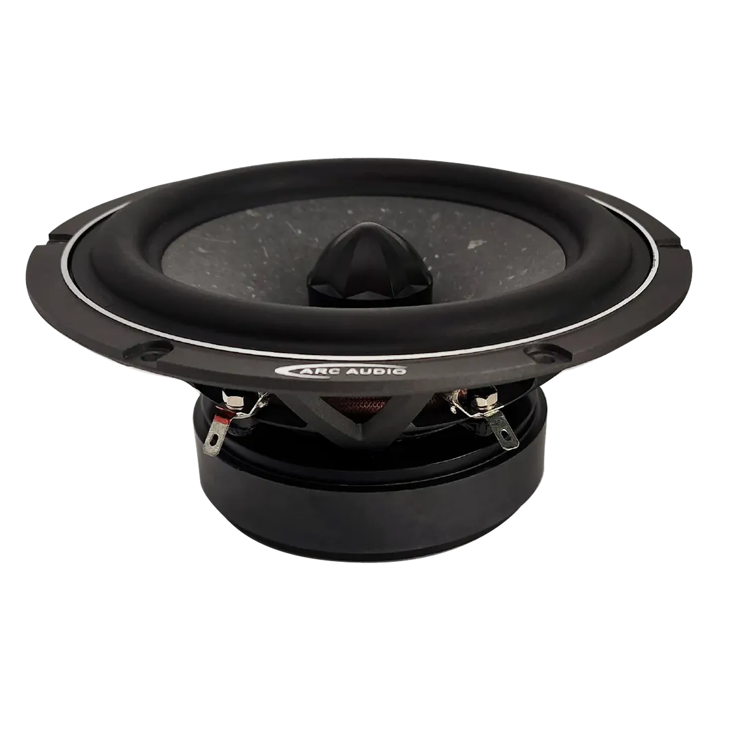 Se muestra un altavoz de coche ARC Audio AS600 negro con terminales de cableado, cono y tapa guardapolvo visibles sobre un fondo blanco.