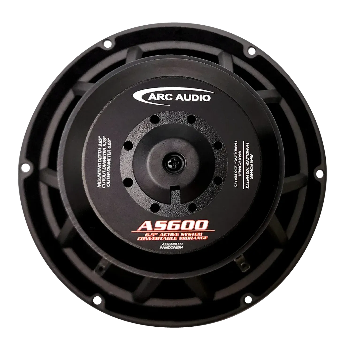 Primer plano de un altavoz subwoofer para coche ARC Audio AS600 con Tiefmitteltöner de 6,5, especificaciones y orificios de montaje mostrados sobre un fondo blanco.