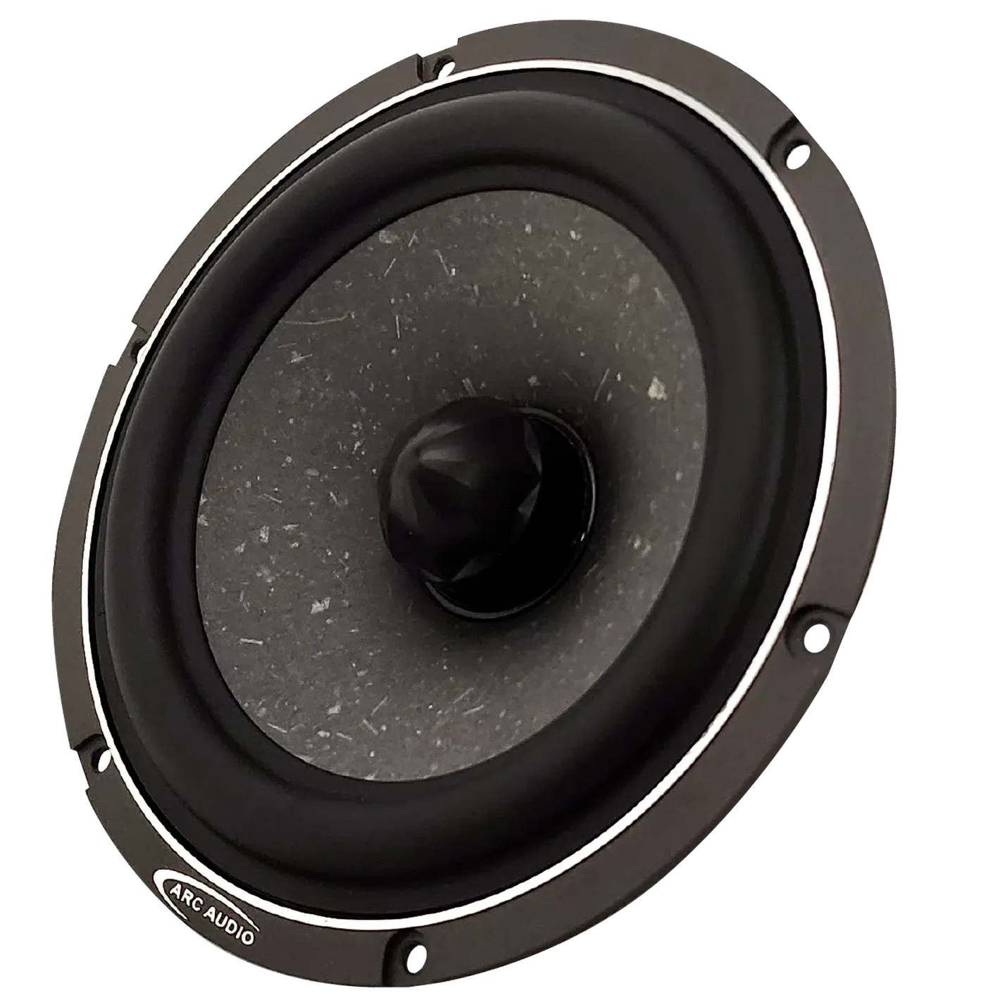 El ARC Audio AS600 es un altavoz negro redondo con un cono central y cuatro orificios de montaje, perfecto como controlador de graves medios de 5 en su sistema DSP.