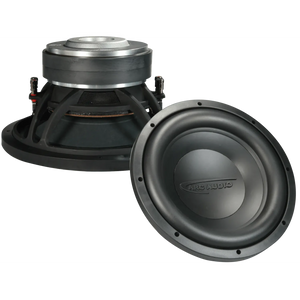 Two Black 12 v.2 D2/D4 ARC Audio subwoofers: one upright with ARC AUDIO logo, one showing the back and magnet of this high-end car audio 12-inch subwoofer.