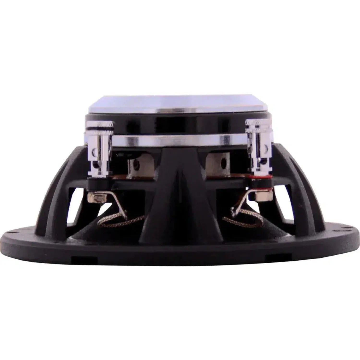 Vista laterale dellARC Audio RS 3.0, un altoparlante midrange da 3 pollici nero e argento con terminali e cornice in metallo a vista su sfondo bianco.