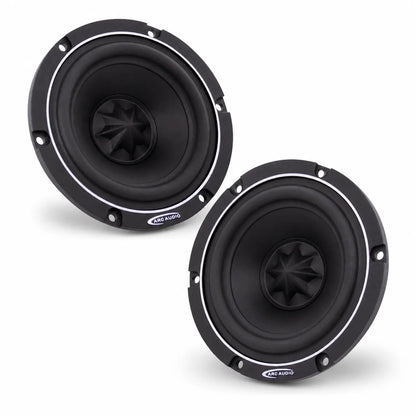 Due altoparlanti rotondi neri per auto ARC Audio RS 3.0 da 3 pollici con anello bianco, con il logo del marchio su sfondo bianco.