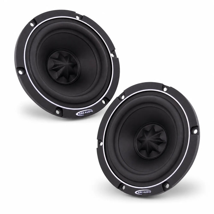 Due altoparlanti rotondi neri per auto ARC Audio RS 3.0 da 3 pollici con anello bianco, con il logo del marchio su sfondo bianco.