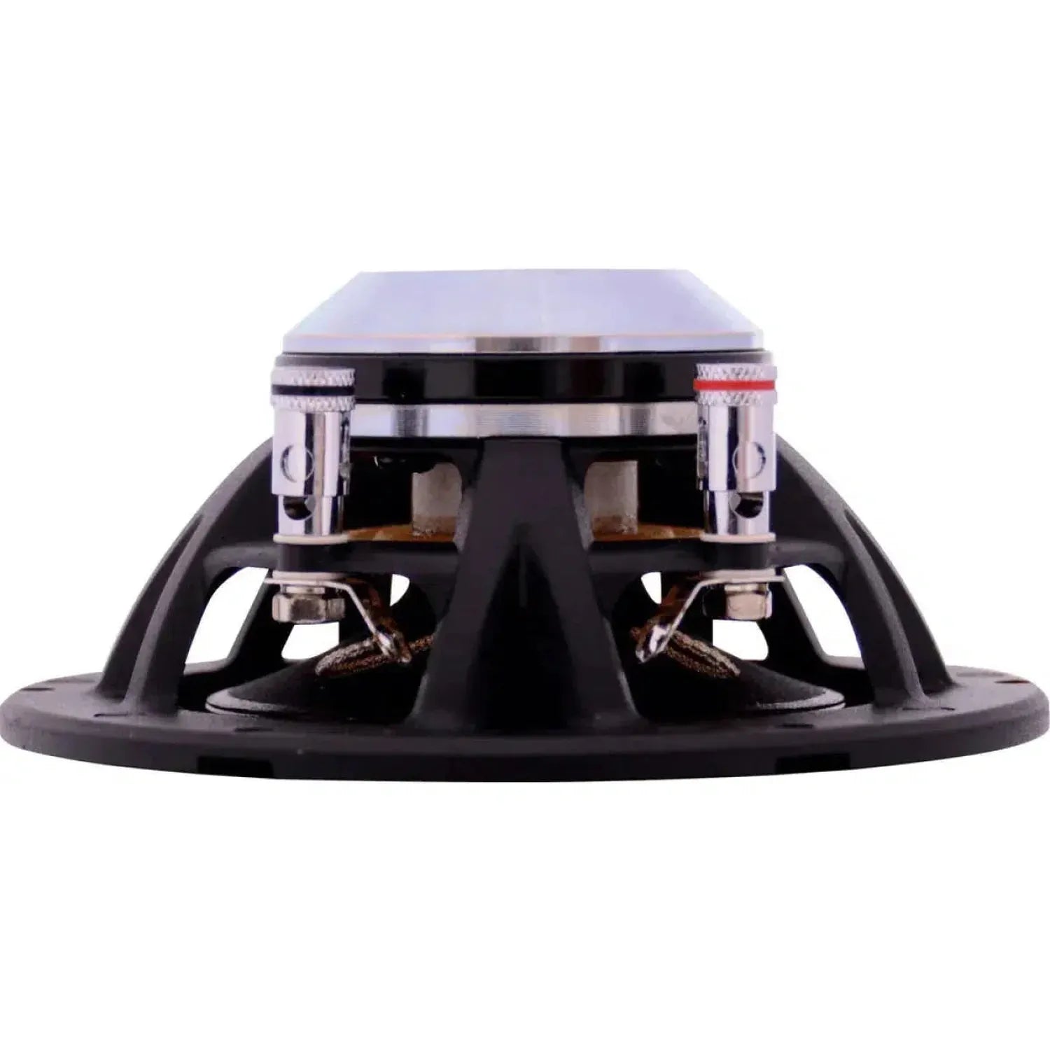 Vista laterale del diffusore midrange high-end da 4 ARC Audio RS 4.0 con base rotonda, cablaggio a vista e terminali metallici sulla parte superiore.