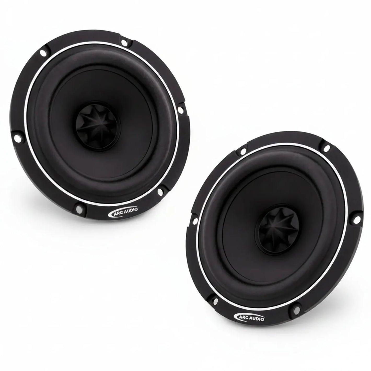 Dos altavoces de audio para coche ARC Audio RS 4.0 negros y redondos de 4 sobre fondo blanco.