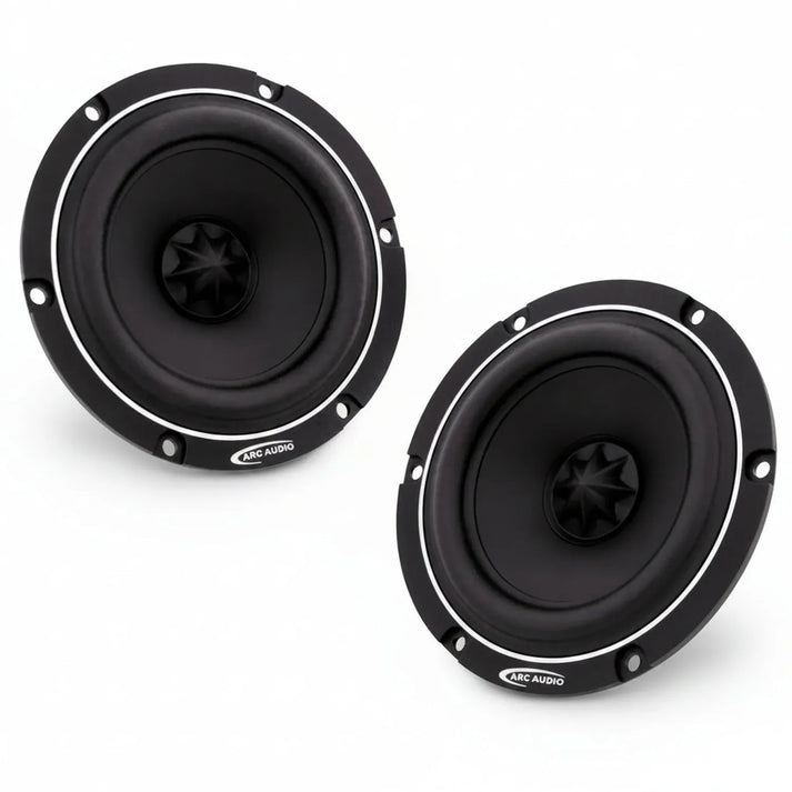 Due diffusori audio per auto ARC Audio RS 4.0 neri e rotondi da 4 su sfondo bianco.