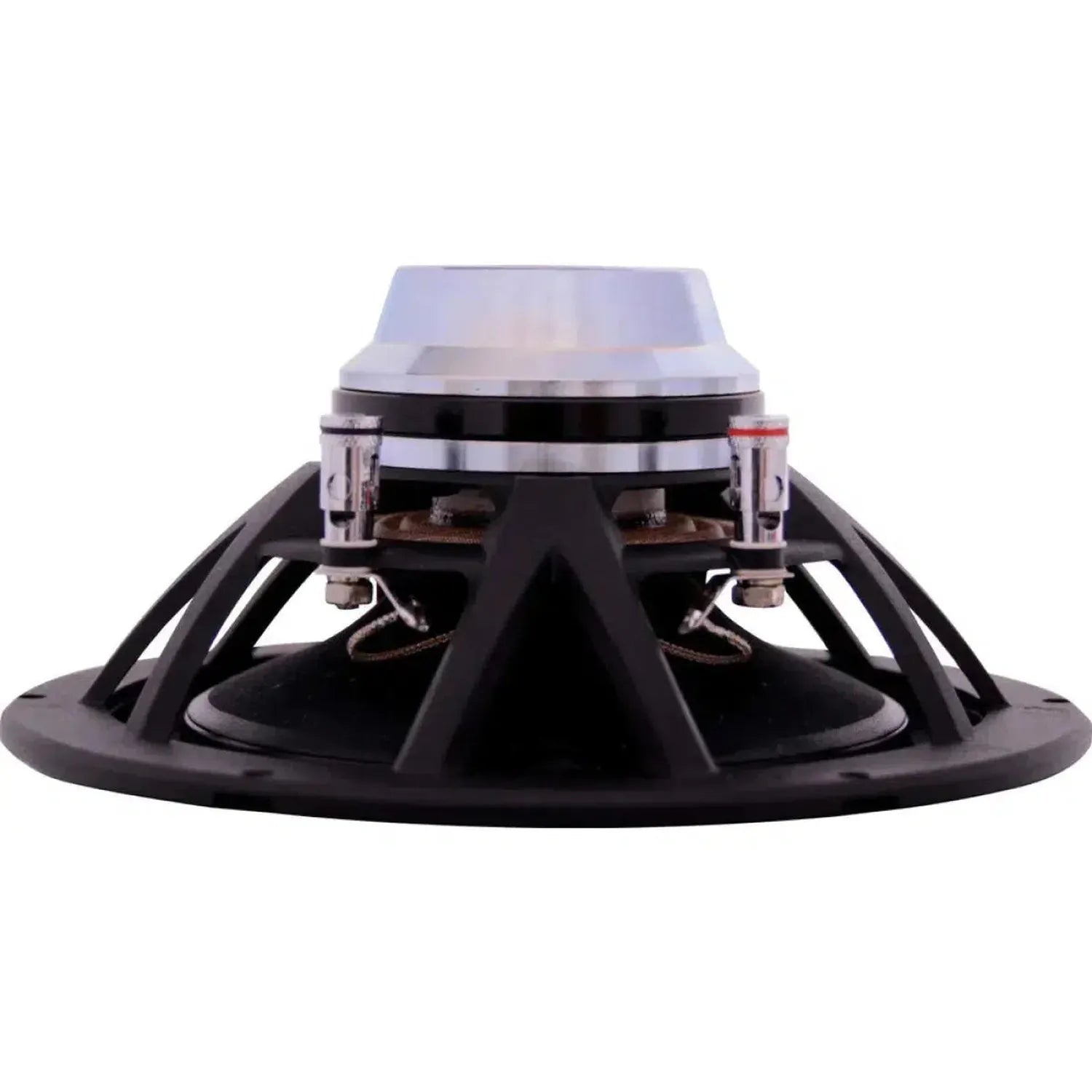 Vista laterale del mid-woofer ARC Audio RS 6.0 da 6,5 che mostra il cono, la struttura metallica e i terminali di cablaggio Neodym Antrieb su sfondo bianco.