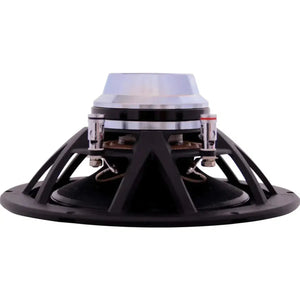 Vista laterale del mid-woofer ARC Audio RS 6.0 da 6,5 che mostra il cono, la struttura metallica e i terminali di cablaggio Neodym Antrieb su sfondo bianco.