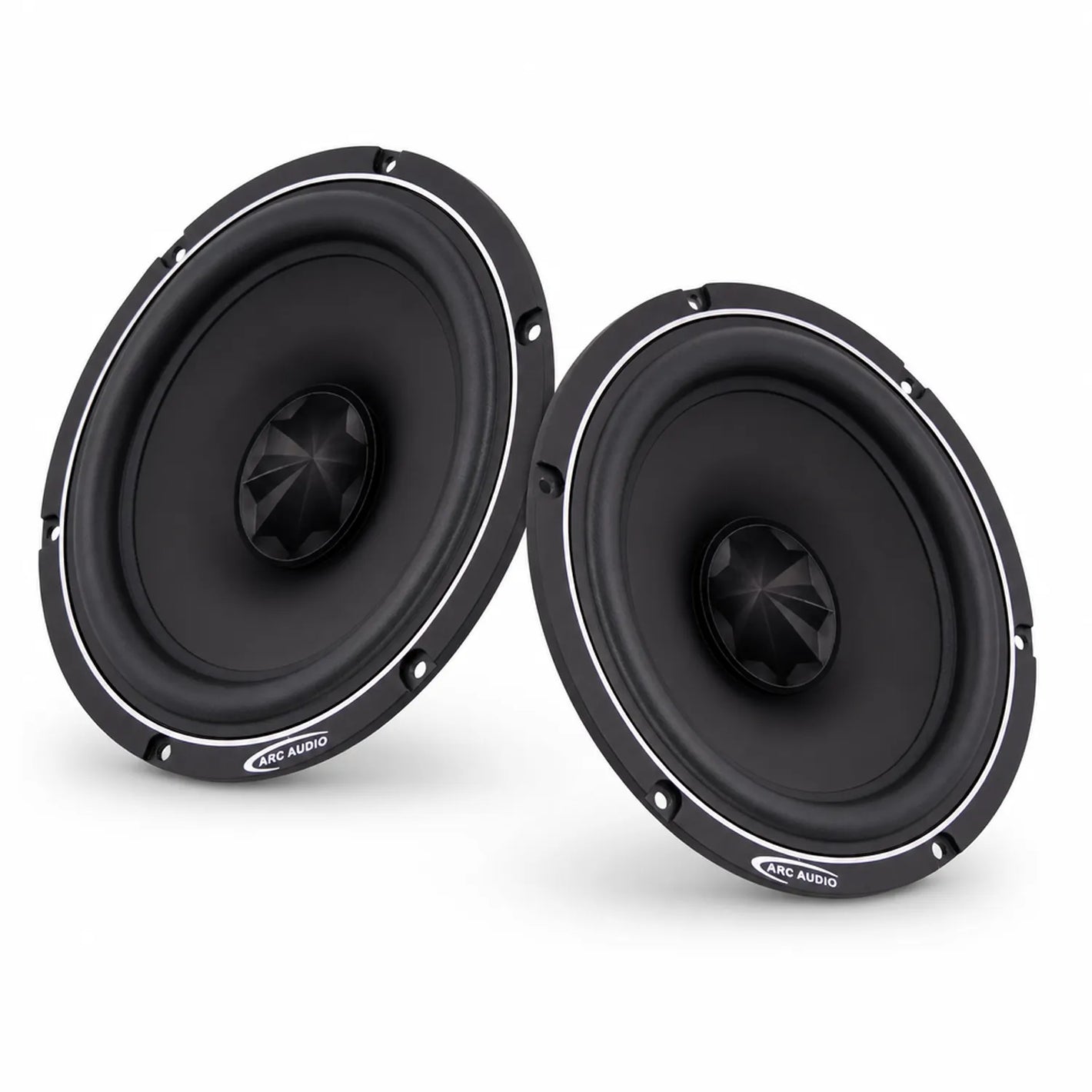 Due diffusori per auto ARC Audio RS 6.0 di colore nero con centro a forma di cono e logo ARC AUDIO sui cerchi, su sfondo bianco.