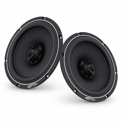 Due diffusori per auto ARC Audio RS 6.0 di colore nero con centro a forma di cono e logo ARC AUDIO sui cerchi, su sfondo bianco.