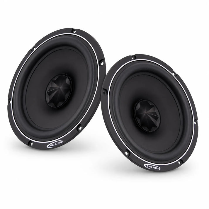 Due diffusori per auto ARC Audio RS 6.0 di colore nero con centro a forma di cono e logo ARC AUDIO sui cerchi, su sfondo bianco.