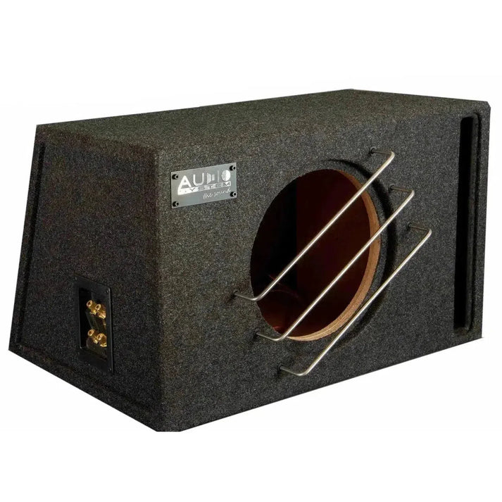 The Audio System BR10-60 is a black carpeted Bassreflex subwoofer box with a circular cutout, dual metal front bars, and gold speaker terminals on the side.