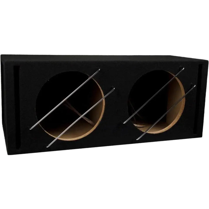 Audio System BR12-2-84 è un doppio subwoofer bass reflex in MDF nero da 18 mm con due aperture rotonde, ciascuna protetta da quattro barre metalliche diagonali.