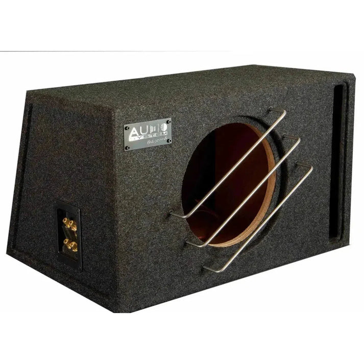 Audio System BR12-80 è una cassa per subwoofer da 12 con ritaglio circolare, barre metalliche, finitura in moquette grigia e connettori terminali dorati.