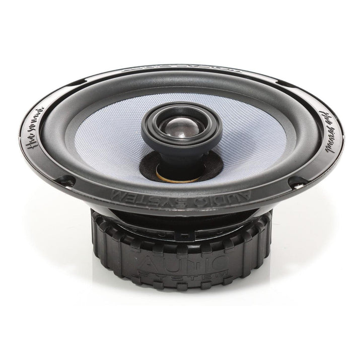 The Audio System CO 165 EVO is a round black 6.5 coaxial speaker with visible cone and central tweeter, shown on a white background.