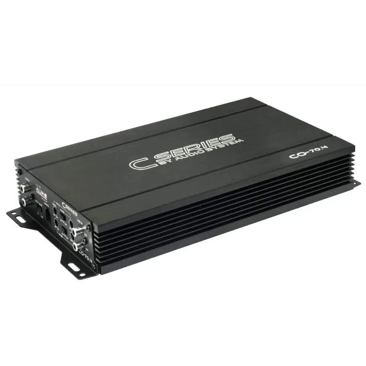 A black Audio System CO-70.4 amplifier with all input ports and controls on one side.