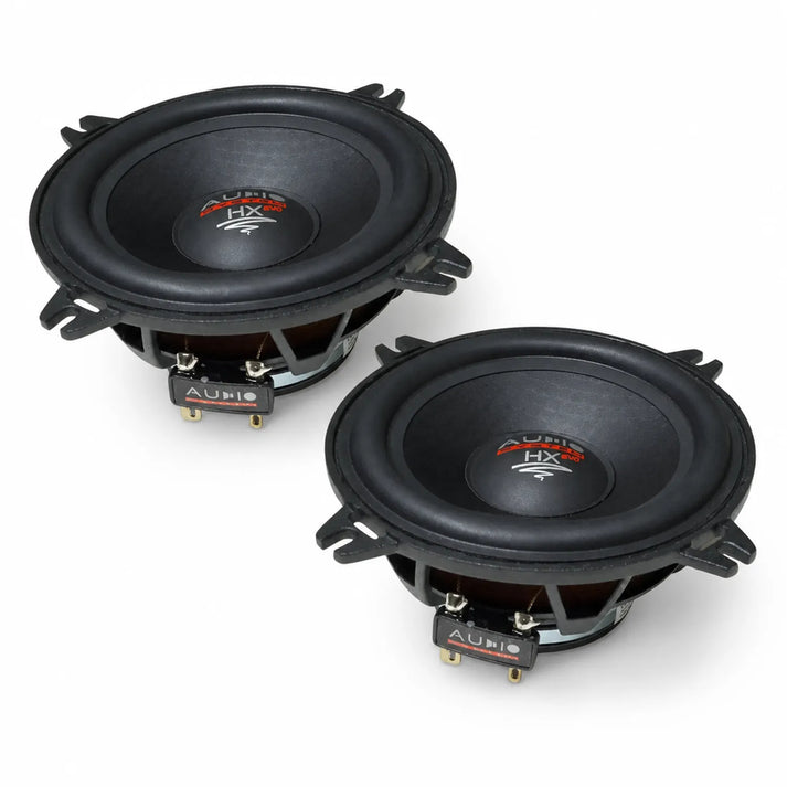 Two black round Audio System EX 100 DUST EVO3 4 Mitteltöner car speakers with NAWI-Papiermembran and exposed wiring terminals on a white background.