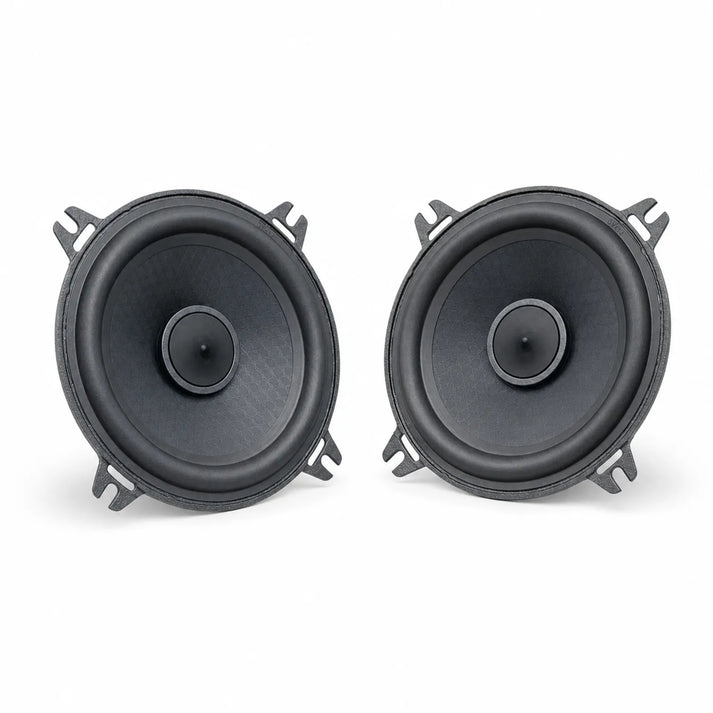 Two round black Audio System EX 100 PHASE EVO3 4 Zoll car speakers with mounting brackets and Neodymantrieb, side by side on a white background, slightly facing each other.