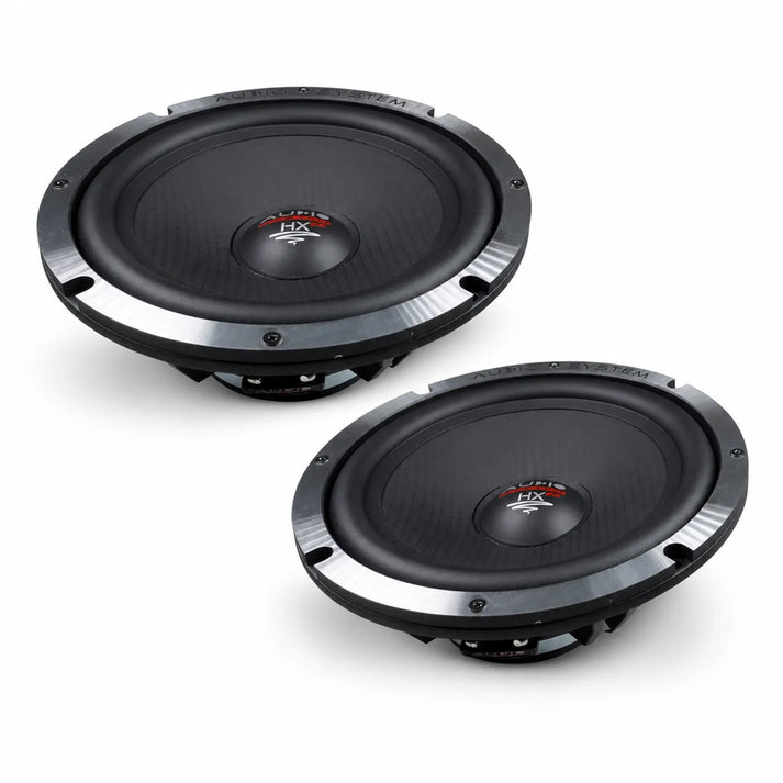Due subwoofer tondi neri e argento EX 165 DUST EVO3 di Audio System con HX-Serie Neodymantrieb, su sfondo bianco.
