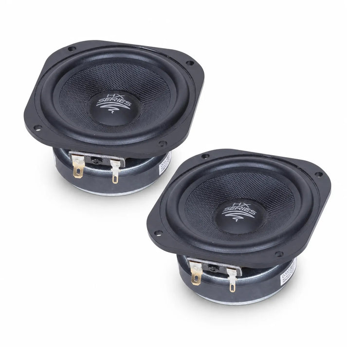 Two black round Audio System EX 80 SQ EVO2 speakers with metal frames, NAWI-glass fiber cones, and mesh covers, show wiring terminals on a white background.