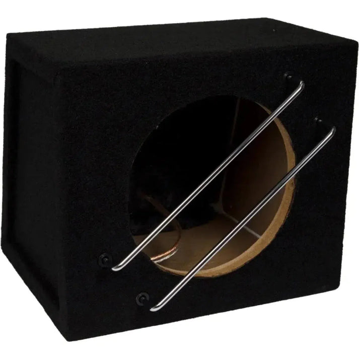 Das G08 EVO von Audio System ist ein schwarzes 8 Zoll MDF-Subwoofergehäuse mit runder Öffnung und zwei diagonalen Metallstreben vorn.