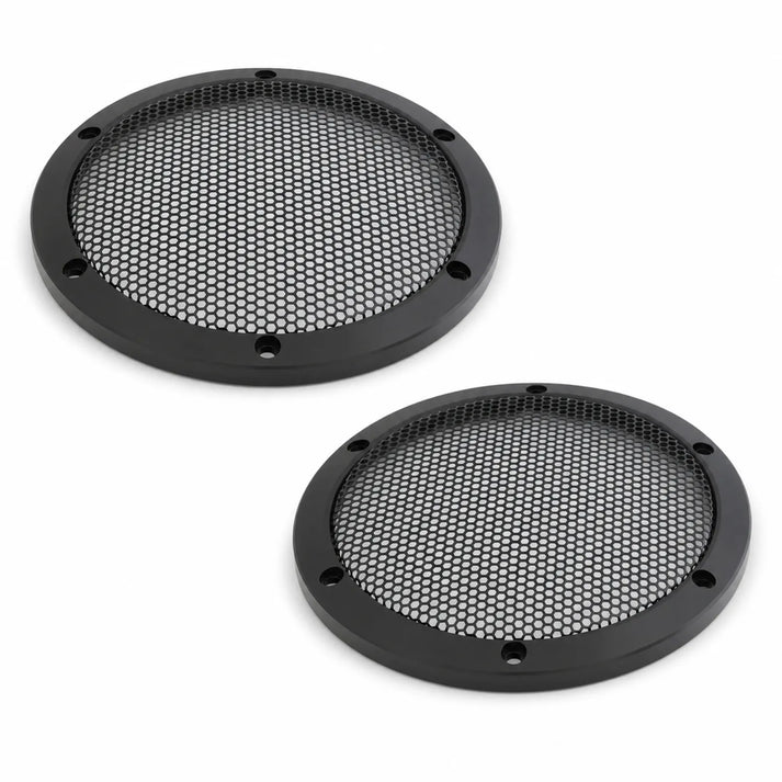 Two round black Audio System GI 165 AV Lautsprechergitter with hex mesh and six holes, for 165 mm Tiefmitteltöner, shown on a white background.