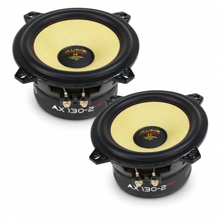 Due diffusori audio rotondi da 5 con coni FKP gialli di Audio System, modello Helon AX 130-2 EVO 2, sono raffigurati su uno sfondo bianco.