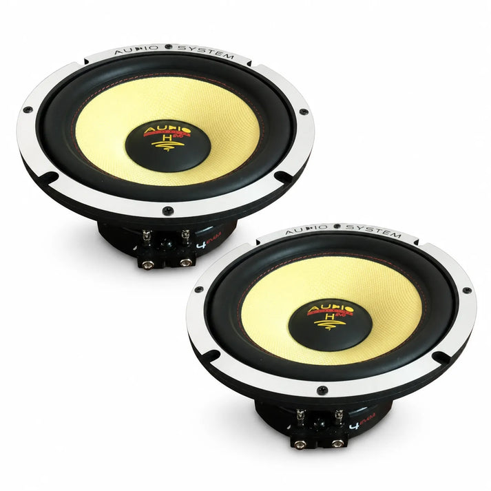 Due diffusori del sistema audio Helon AX 165-4 EVO 2 gialli e neri da 6,5 con cerchi metallici sono affiancati su uno sfondo bianco.