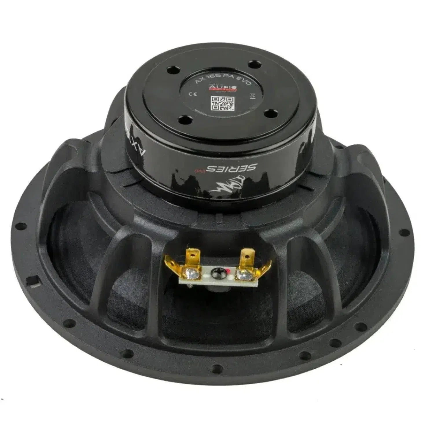 De Audio System Helon AX 165 PA EVO is een zwarte, ronde 6,5 midwoofer met Neodym magneet, gouden draadterminals en merklabel aan de achterkant.