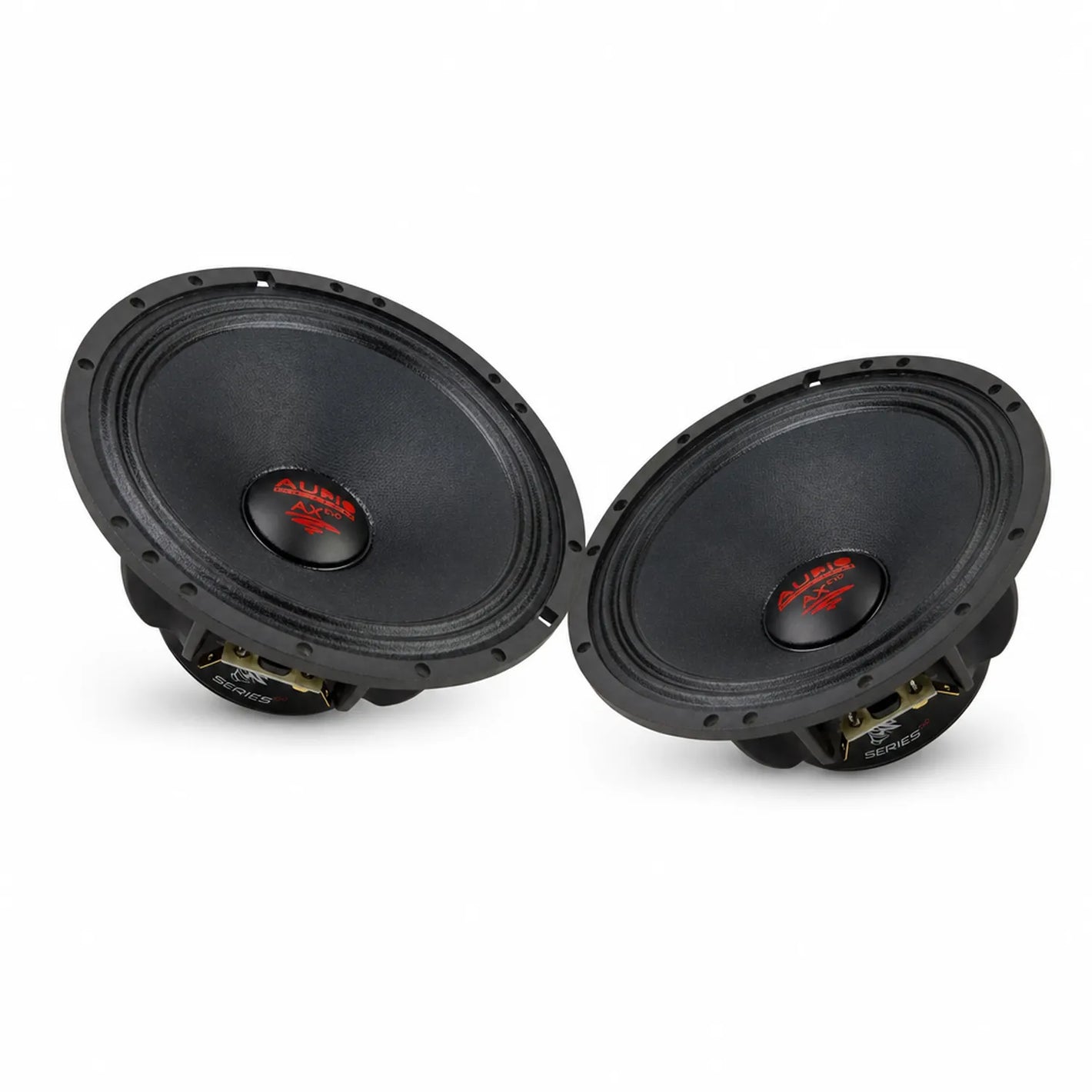 Dos altavoces Helon AX 165 PA EVO de Audio System, cada uno con un woofer de 6,5, en negro con la marca en rojo y blanco, enfrentados sobre un fondo blanco.