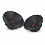 Twee Helon AX 165 PA EVO-luidsprekers van Audio System, elk met een 6,5 woofer, in zwart met rood en wit opschrift, staan tegenover elkaar op een witte achtergrond.