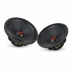 Dos altavoces Helon AX 165 PA EVO de Audio System, cada uno con un woofer de 6,5, en negro con la marca en rojo y blanco, enfrentados sobre un fondo blanco.