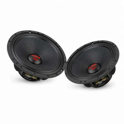 Twee Helon AX 165 PA EVO-luidsprekers van Audio System, elk met een 6,5 woofer, in zwart met rood en wit opschrift, staan tegenover elkaar op een witte achtergrond.