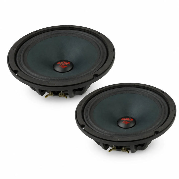 Due diffusori neri rotondi del sistema audio Helon AX 200 PA EVO da 8 con logo rosso e Neodym-Antrieb, affiancati su sfondo bianco.