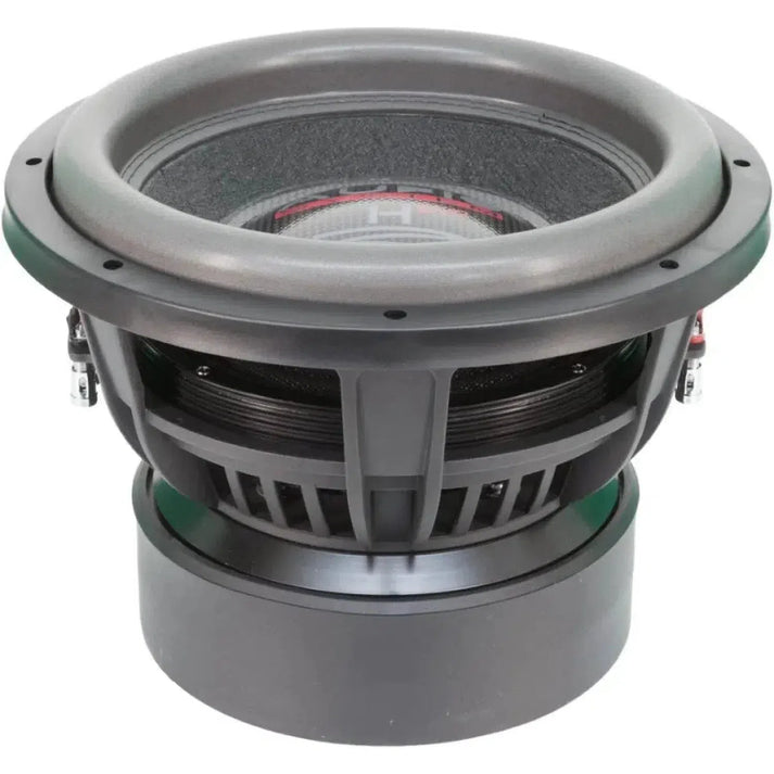A close-up of the Audio System Helon H 12 EVO black 12 subwoofer, displaying its cone, surround, basket, and terminals against a white background.