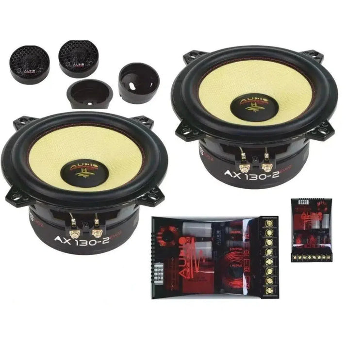 Das 5-Zoll-Lautsprecherset Helon H 130 EVO 2 von Audio System enthält zwei runde Lautsprecher, zwei Tweeter, Montagezubehör und 2-Wege-System-Weichen.