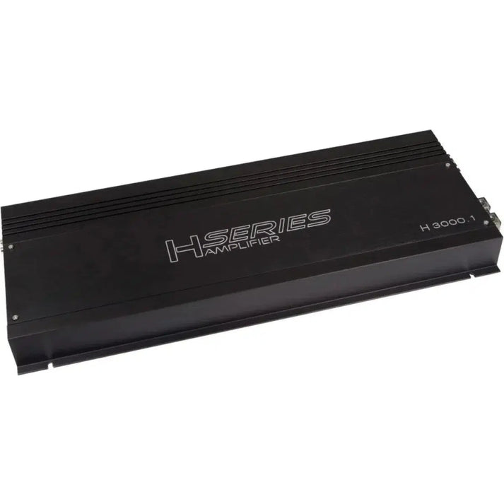 A black Audio System Helon H-3000.1 D mono amplifier with a rectangular shape, horizontal lines, and model details on the top surface.