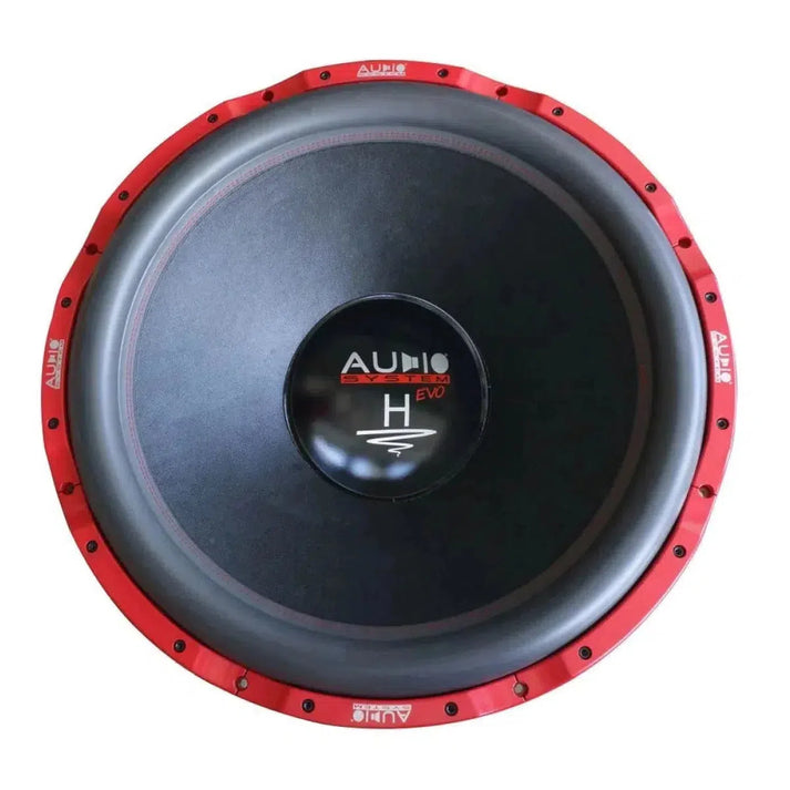 The Audio System Helon H 33 EVO is a large black SPL power subwoofer with a red rim, center branding, and a robust KPC Papiermembran.